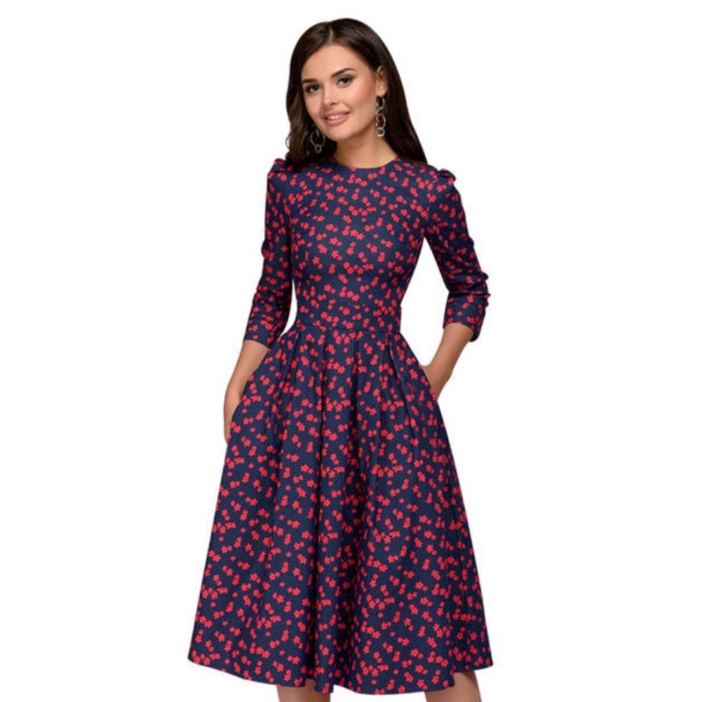 50% OFF Floral Midi Dress 3/4 Sleeve, Large - Picture 1 of 8